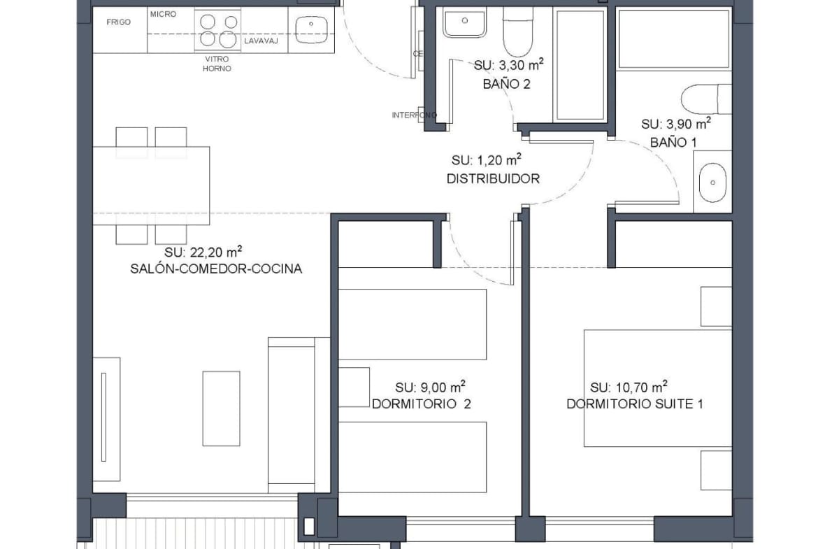 Floor plan of a bright 2 bedroom apartment with terrace in a new build in Benijofar, Alicante