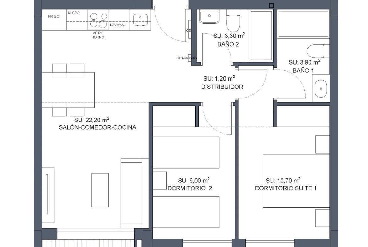 Floor plan of a 2-bedroom ground floor apartment in Benijofar showing living area, kitchen, bedrooms, bathrooms, terrace, and laundry room