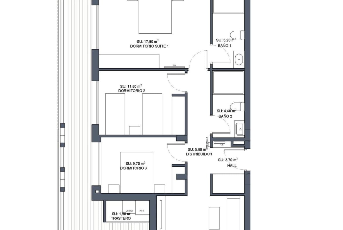 Floor plan of spacious new build 3 bedroom apartment with terrace in Benijofar showing room layout and sizes
