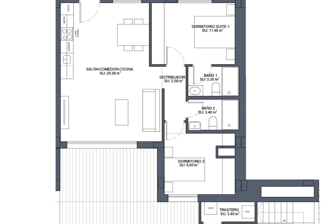 Floor plan of a 2-bedroom top floor apartment with large solarium terrace in Benijofar new build complex.