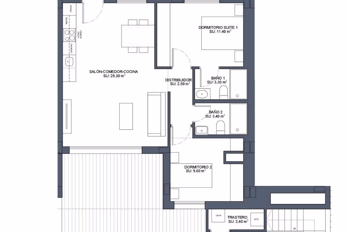 NEW-BUILD-RESIDENTIAL-IN-BENIJOFAR-13 Floor plan of a 2-bedroom top floor apartment with large solarium terrace in Benijofar new build complex.