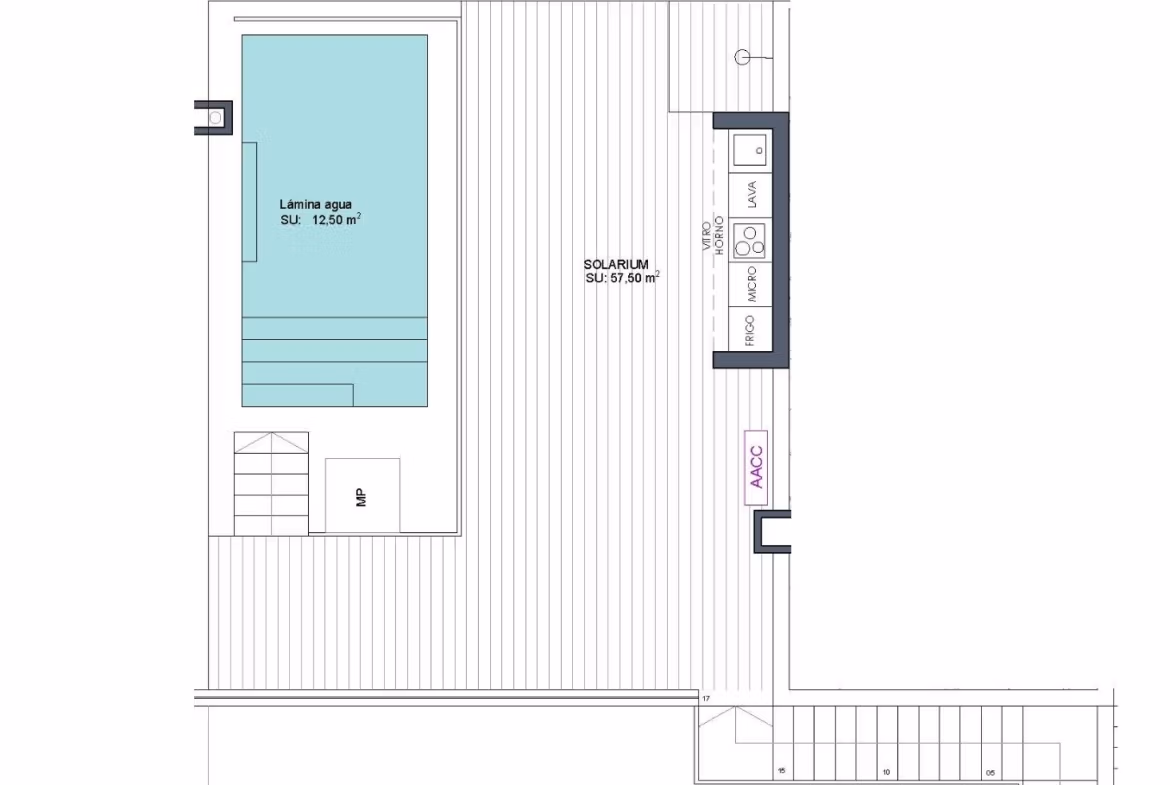 NEW-BUILD-RESIDENTIAL-IN-BENIJOFAR-14 Top floor solarium layout with pool, kitchenette, and seating area in a 2-bedroom apartment in Benijofar new build.