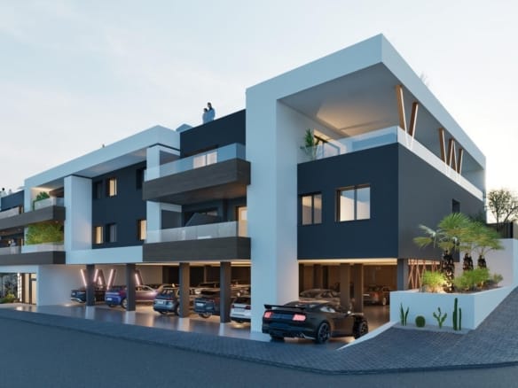 Modern exterior of a spacious new build 3 bedroom apartment complex with covered parking in Benijofar.