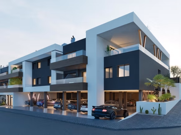 Modern exterior of a spacious new build 3 bedroom apartment complex with covered parking in Benijofar.