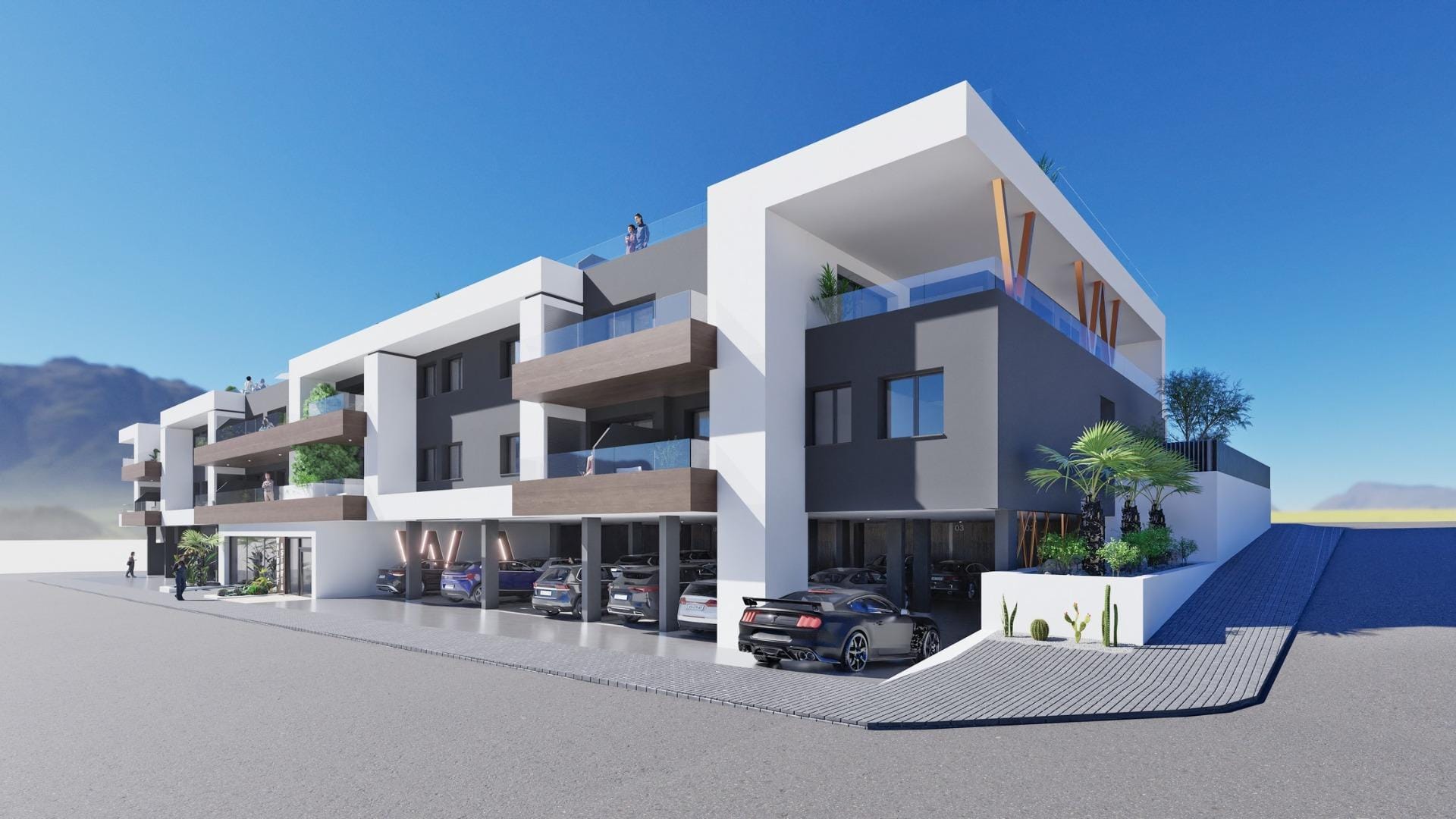 NEW-BUILD-RESIDENTIAL-IN-BENIJOFAR-4 Modern exterior of a spacious new build 3 bedroom apartment complex with parking in Benijofar under blue sky.