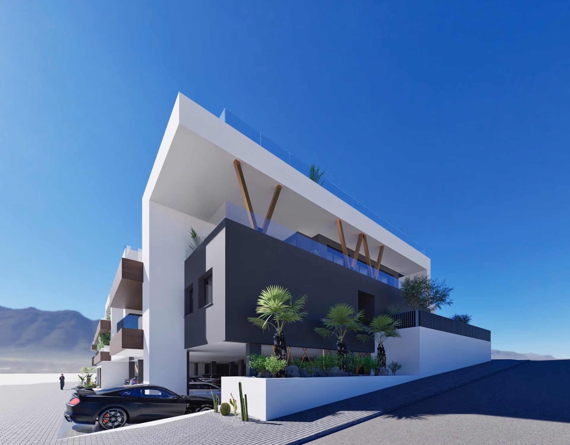 NEW-BUILD-RESIDENTIAL-IN-BENIJOFAR-6 Modern elevated new build 2 bedroom top floor apartment with solarium and parking in Benijofar under clear blue sky