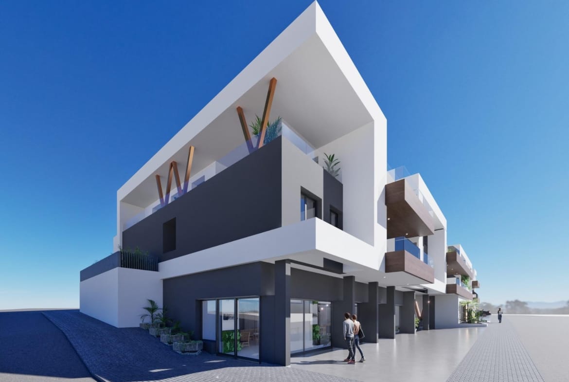 Modern exterior of a bright new build 2 bedroom apartment in Benijofar, Alicante with large balconies and clean architectural lines