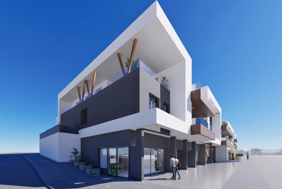 NEW-BUILD-RESIDENTIAL-IN-BENIJOFAR-9 Modern elevated two-bedroom top floor apartment with terrace and solarium in Benijofar under clear blue sky