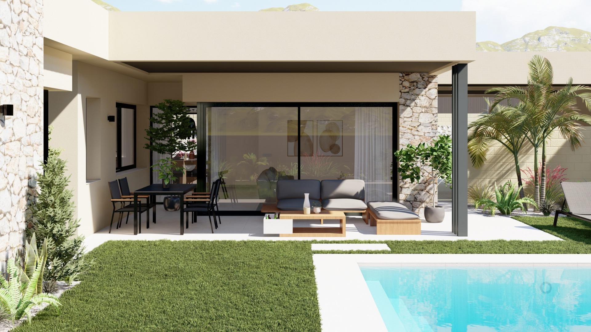 Modern villa exterior with covered terrace and private pool in Altaona Golf Resort, Murcia.