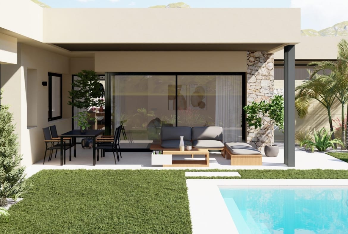 Exterior view of single-storey villa with covered terrace, outdoor seating, and private pool in Altaona Golf Resort.