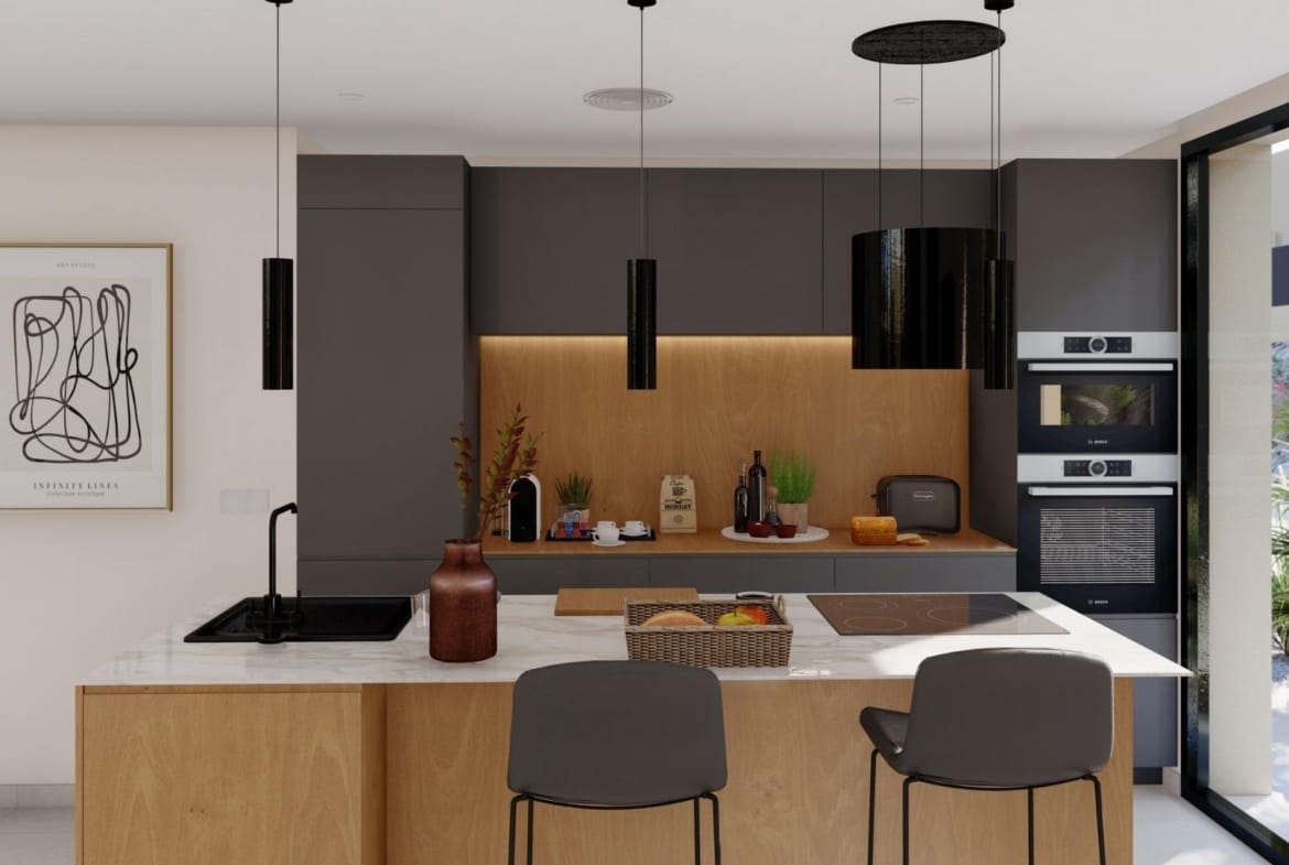 Modern kitchen with island and built-in appliances in elegant new build villa at Altaona Golf Resort Murcia