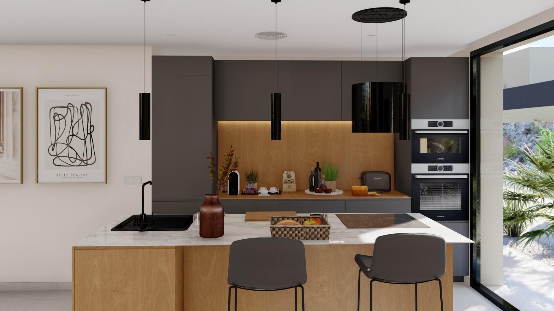 Modern kitchen with island and built-in appliances in elegant new build villa at Altaona Golf Resort Murcia