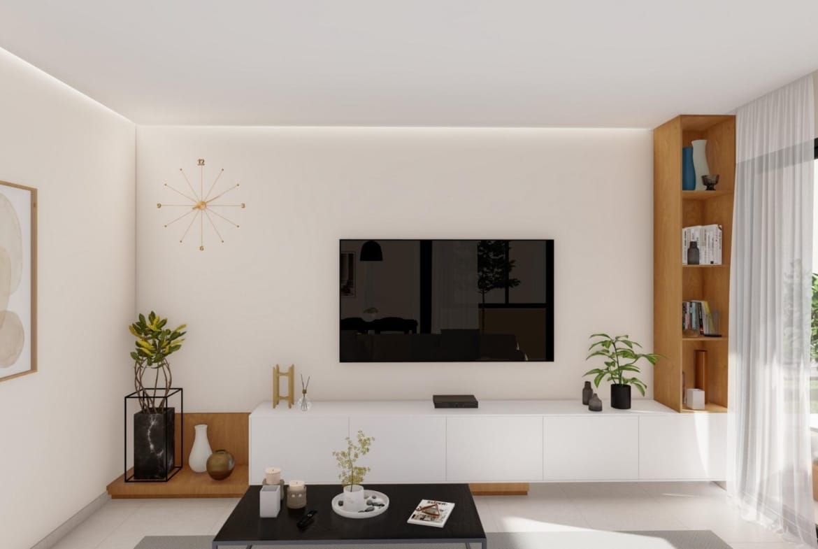 Bright living room with TV and plants in a single-storey new build villa at Altaona Golf Resort overlooking the garden.