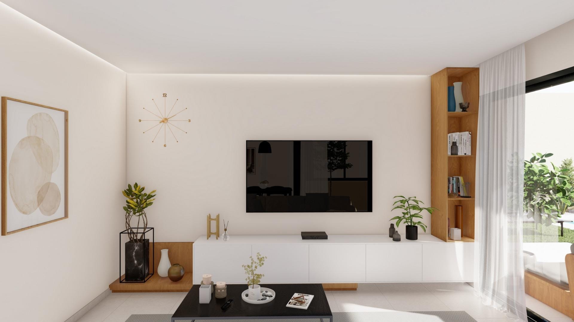 Bright living room with TV and plants in a single-storey new build villa at Altaona Golf Resort overlooking the garden.