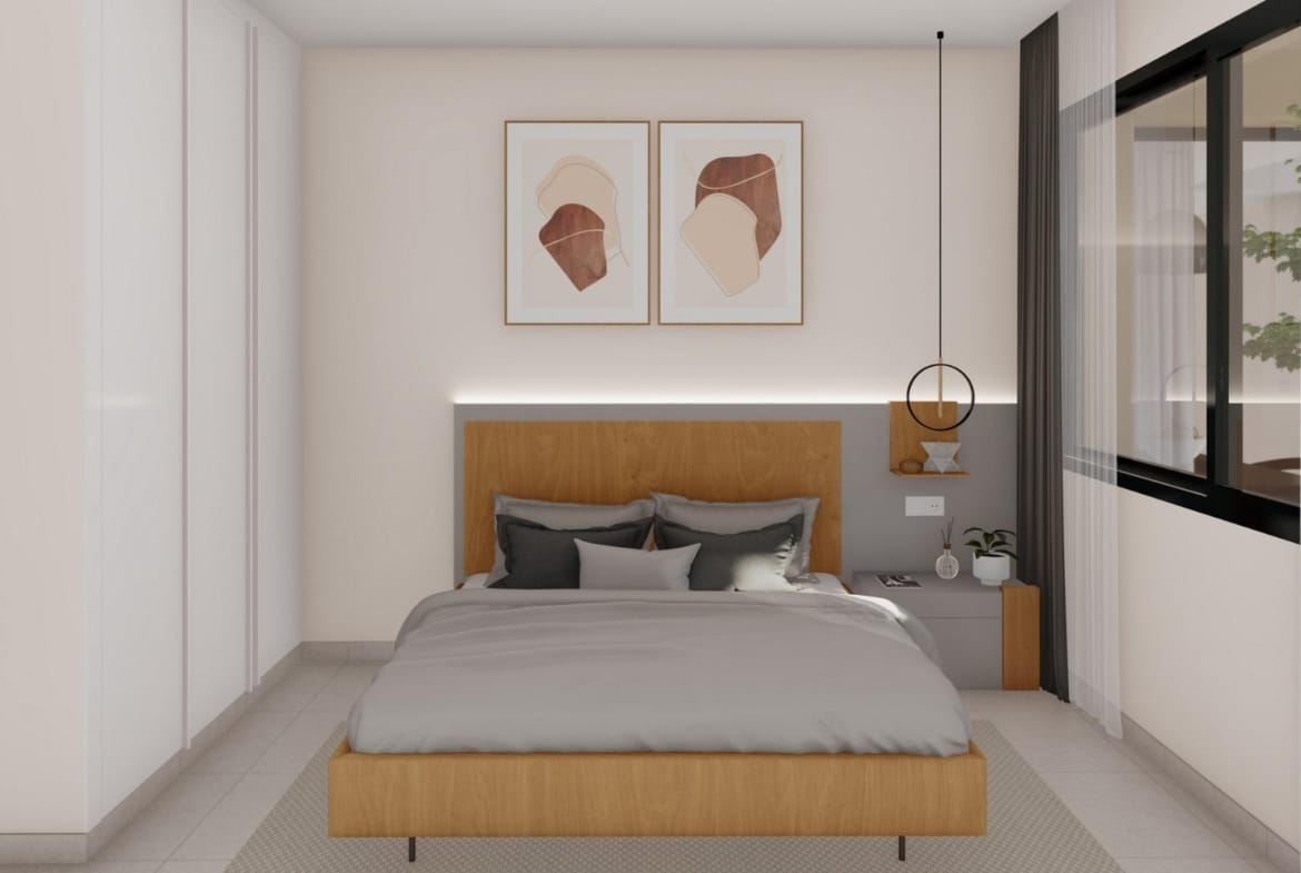 Bright bedroom with wooden bed and modern decor in elegant new build villa at Altaona Golf Resort, Murcia