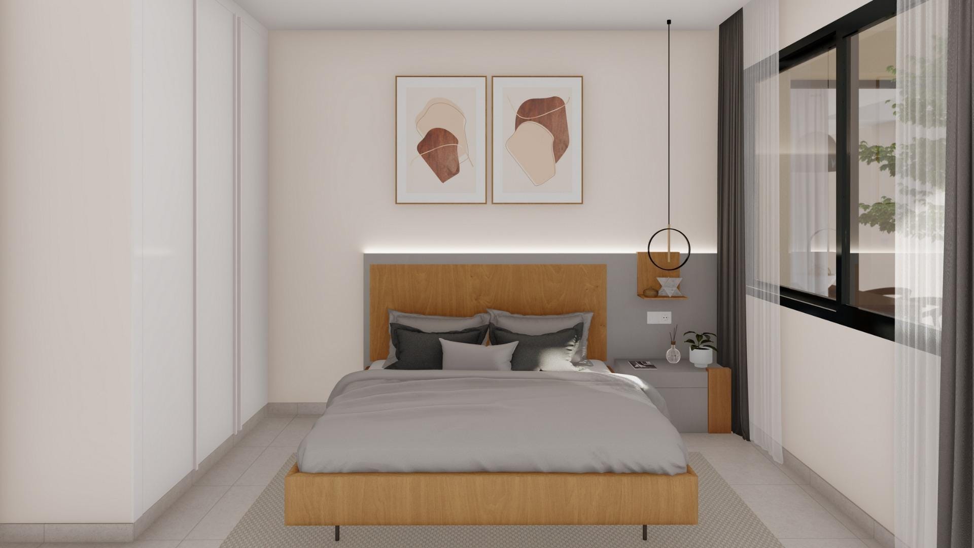 Bright bedroom with wooden bed and modern decor in elegant new build villa at Altaona Golf Resort, Murcia