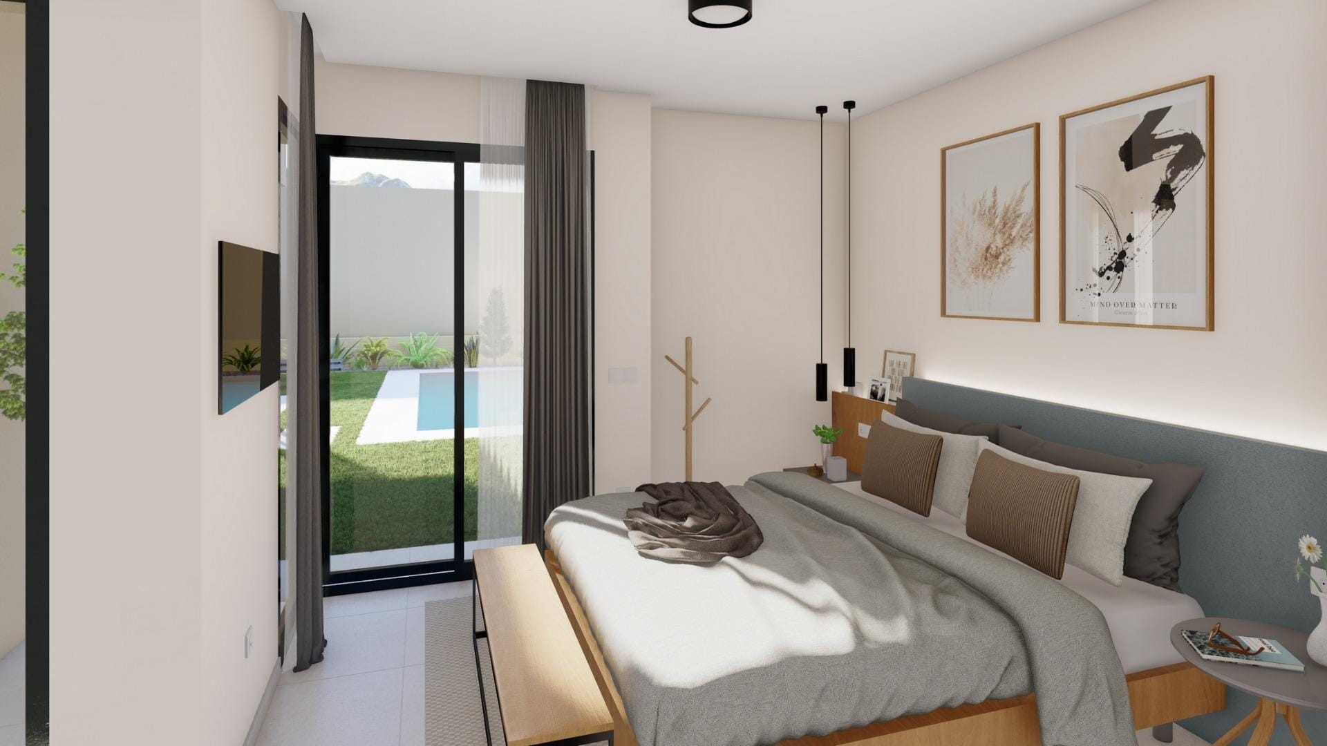 Bedroom with large bed and sliding glass door overlooking private pool in single-storey villa at Altaona Golf Resort
