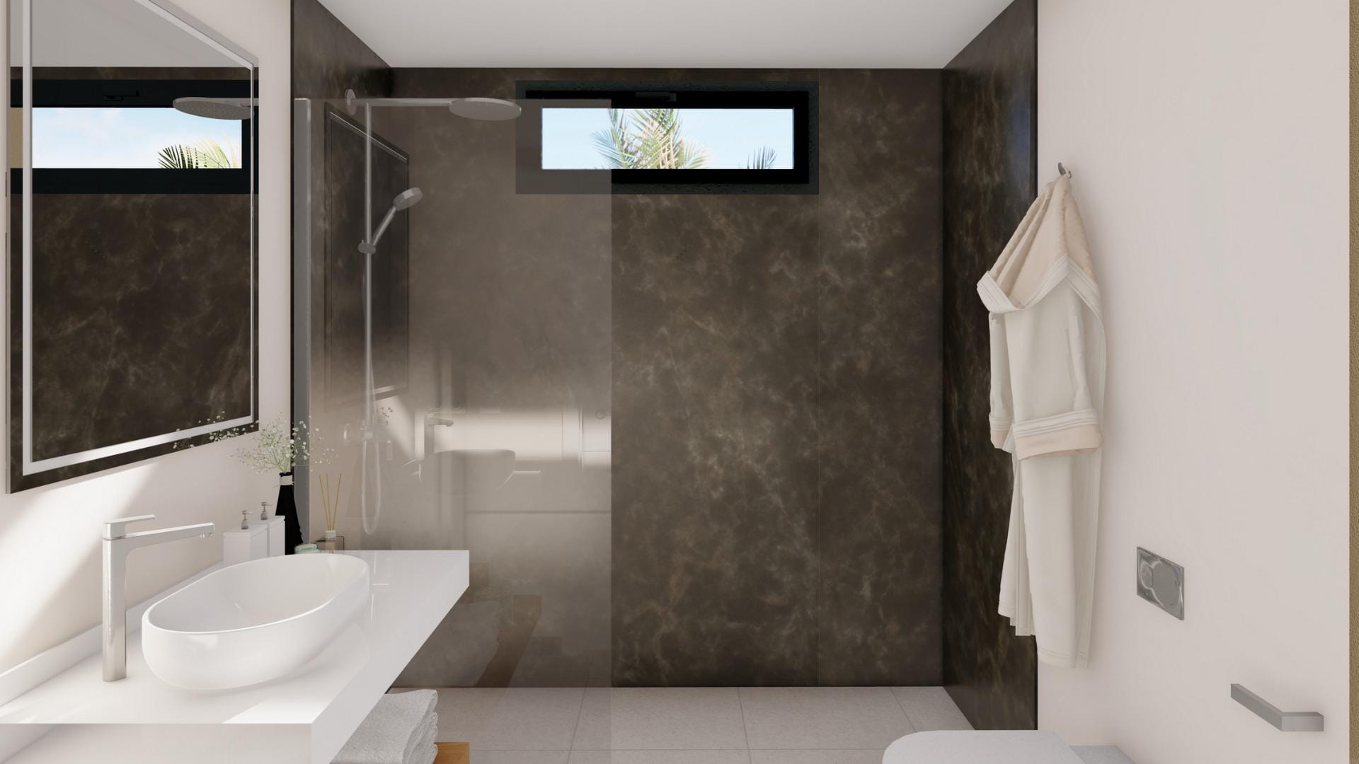 Modern bathroom with walk-in shower and large mirror in single-storey villa at Altaona Golf Resort