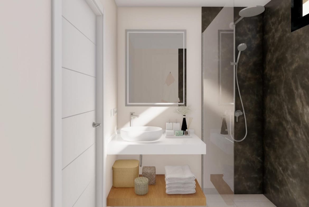 Modern bathroom with walk-in shower and vanity in single-storey new build villa at Altaona Golf Resort