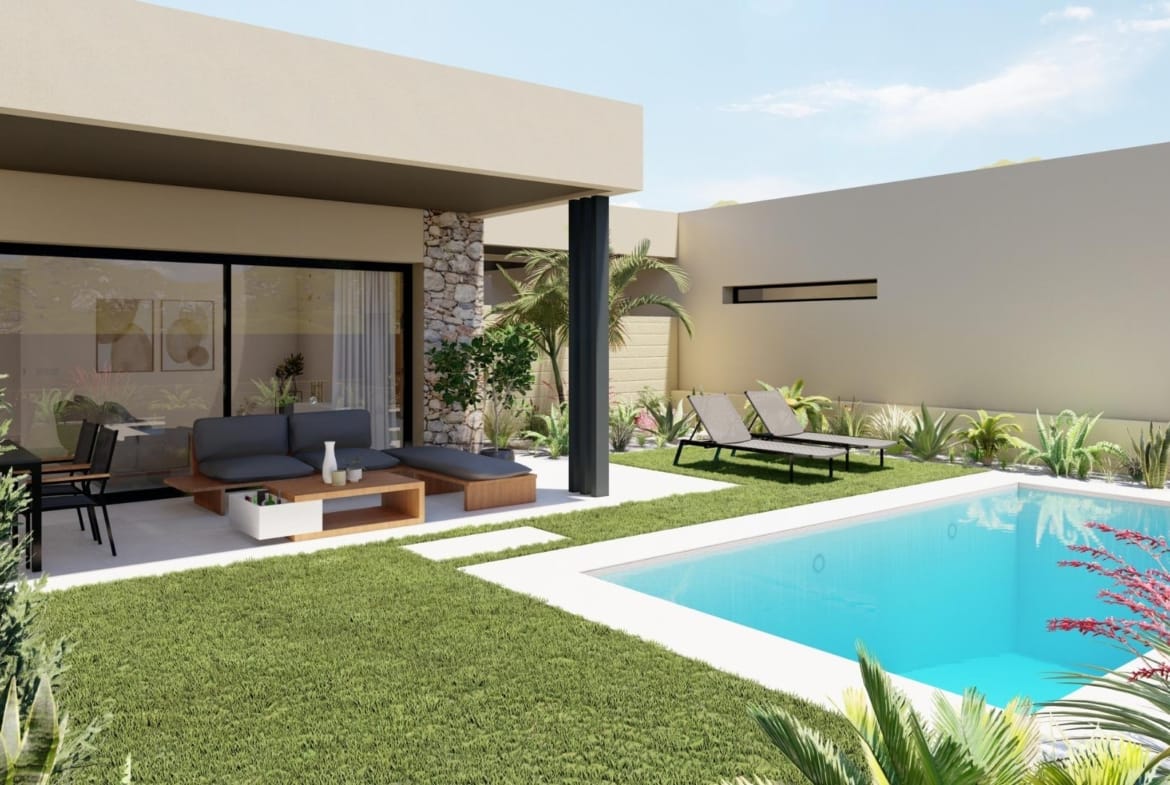 Modern villa exterior with covered terrace and private pool surrounded by greenery in Altaona Golf Resort, Murcia