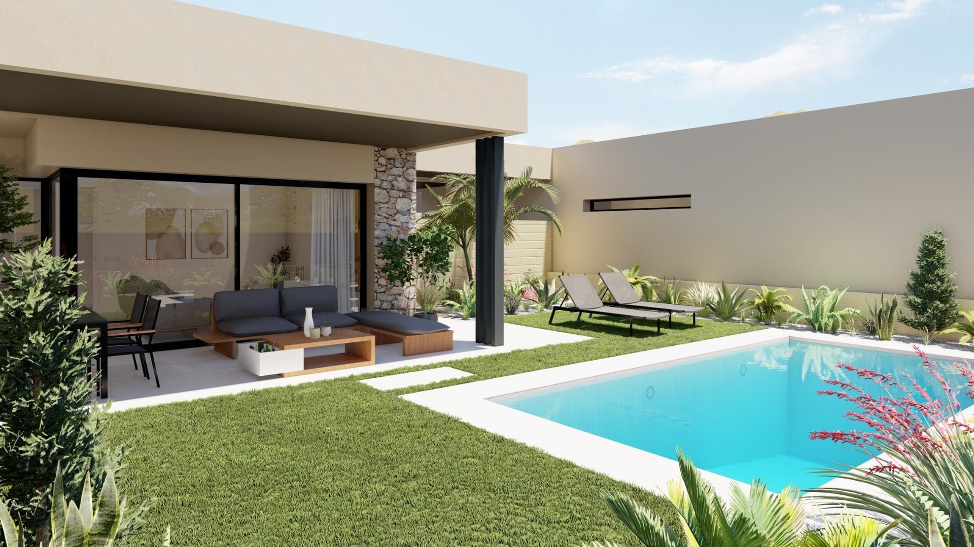 Single-storey villa exterior with covered terrace, garden, and private pool in Altaona Golf Resort.