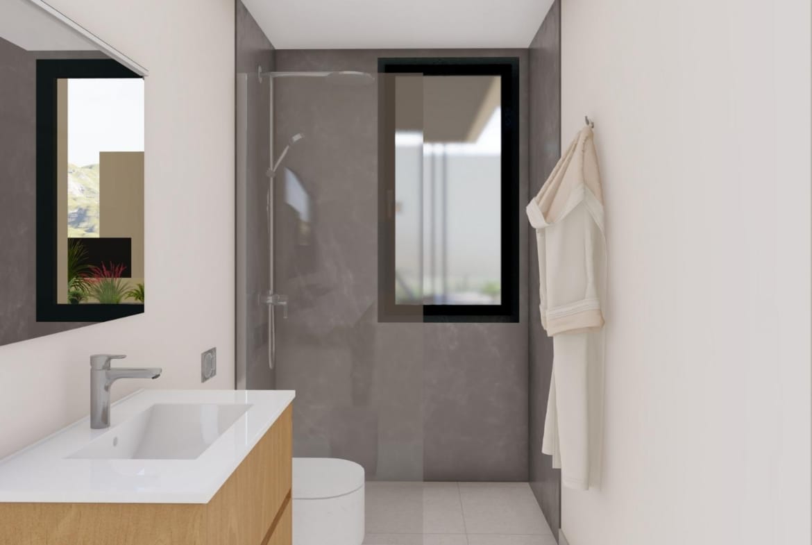 Modern bathroom with walk-in shower and window in elegant new build villa at Altaona Golf Resort, Murcia