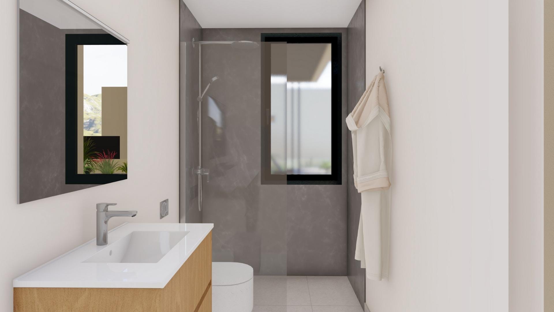 Modern bathroom with walk-in shower and window in elegant new build villa at Altaona Golf Resort, Murcia