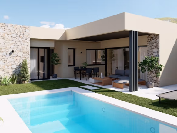 Modern villaexteriör med privat pool, terrassmöbler och trädgård i Altaona Golf Resort, Murcia.