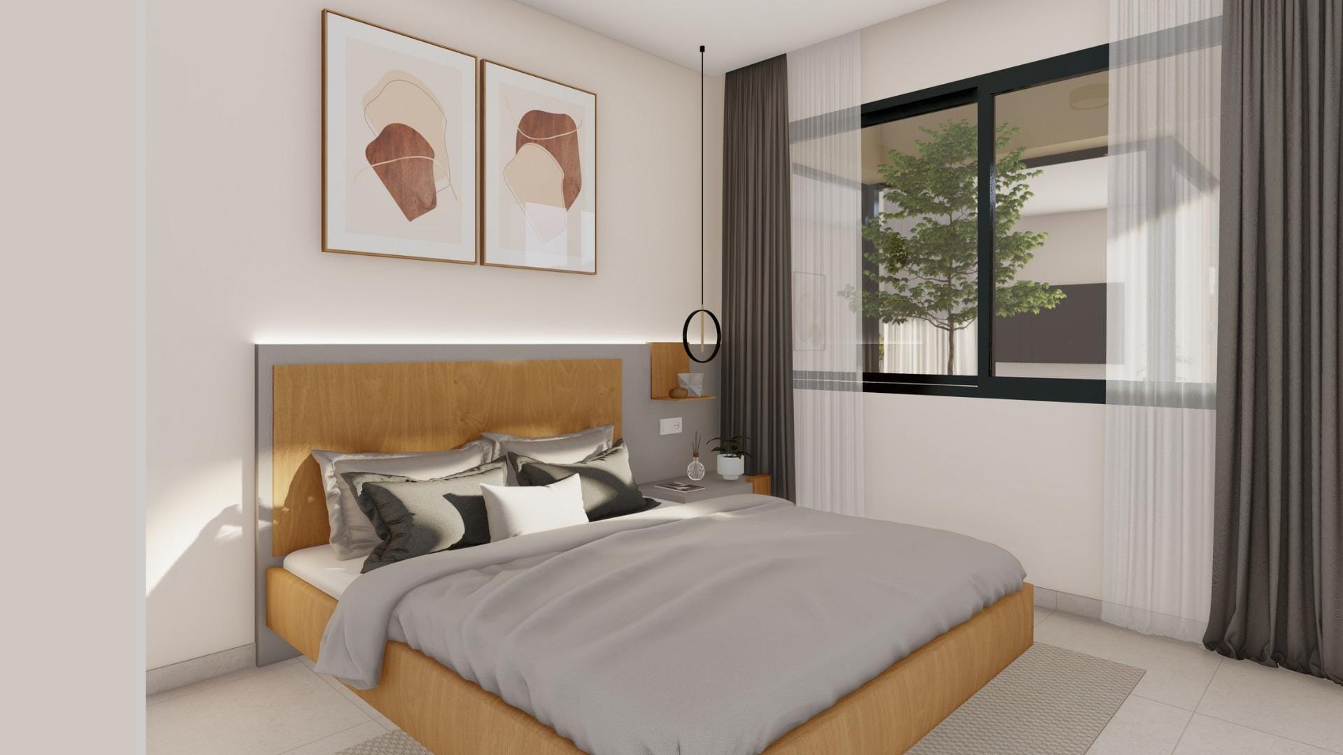 Bright bedroom with large bed and window in peaceful single-storey villa at Altaona Golf Resort