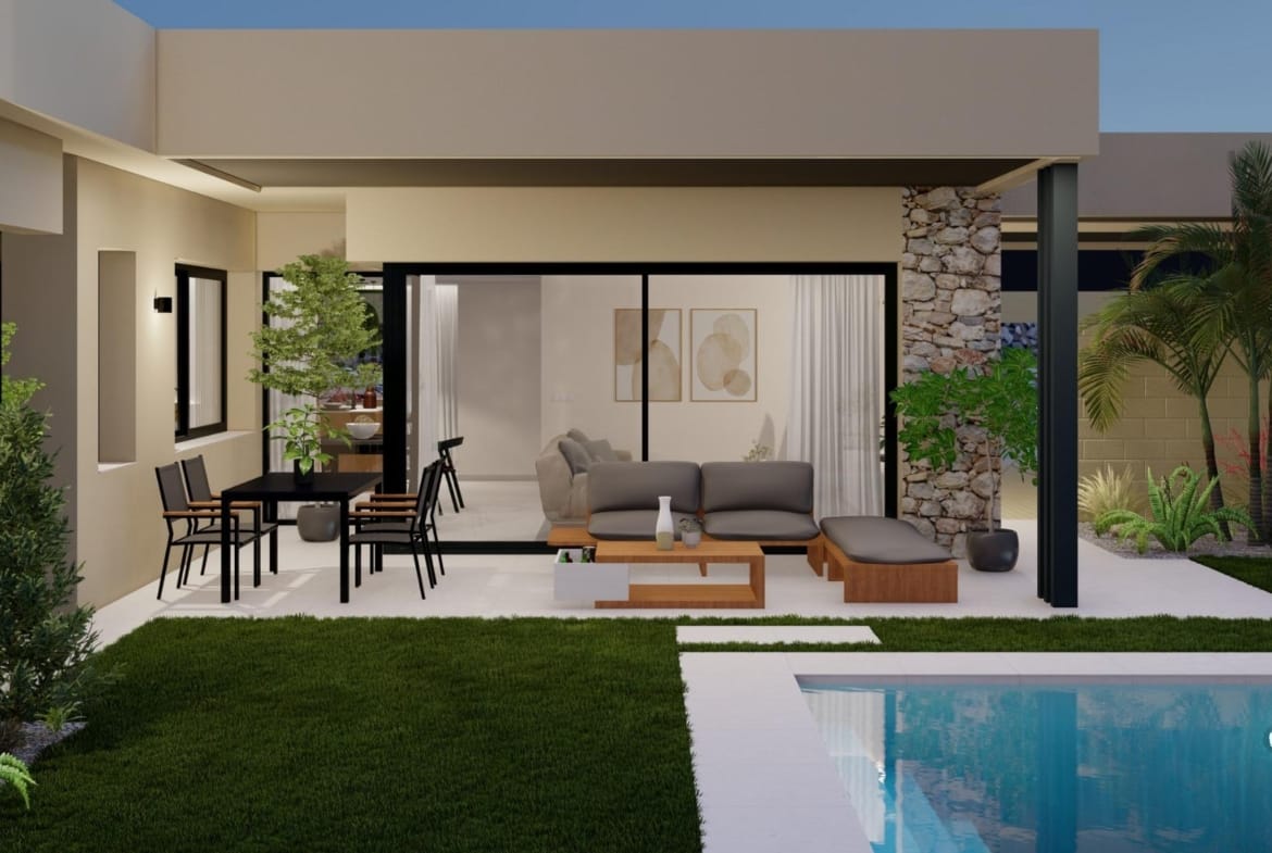 Modern new build villa exterior with terrace, outdoor seating, and private pool in Altaona Golf Resort, Murcia.
