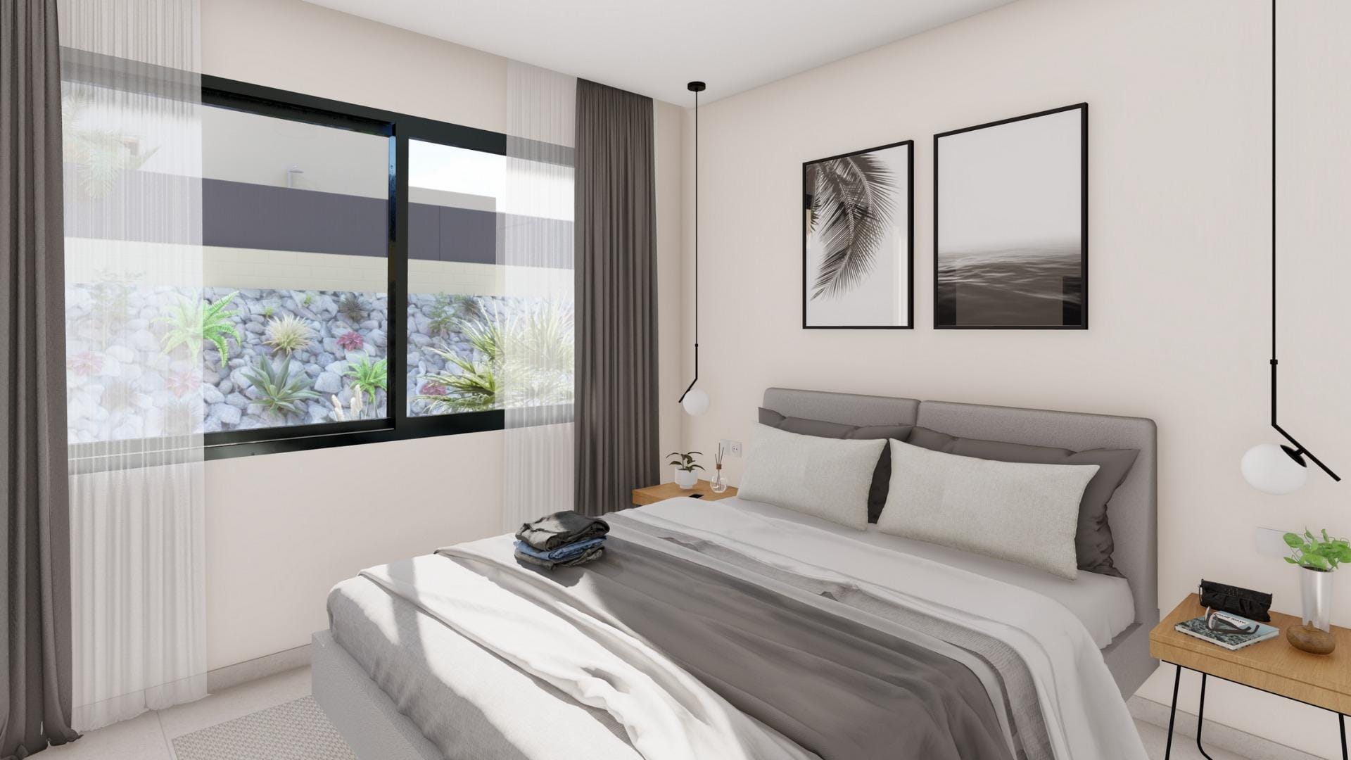 Bright bedroom with large window and modern decor in a single-storey villa at Altaona Golf Resort.