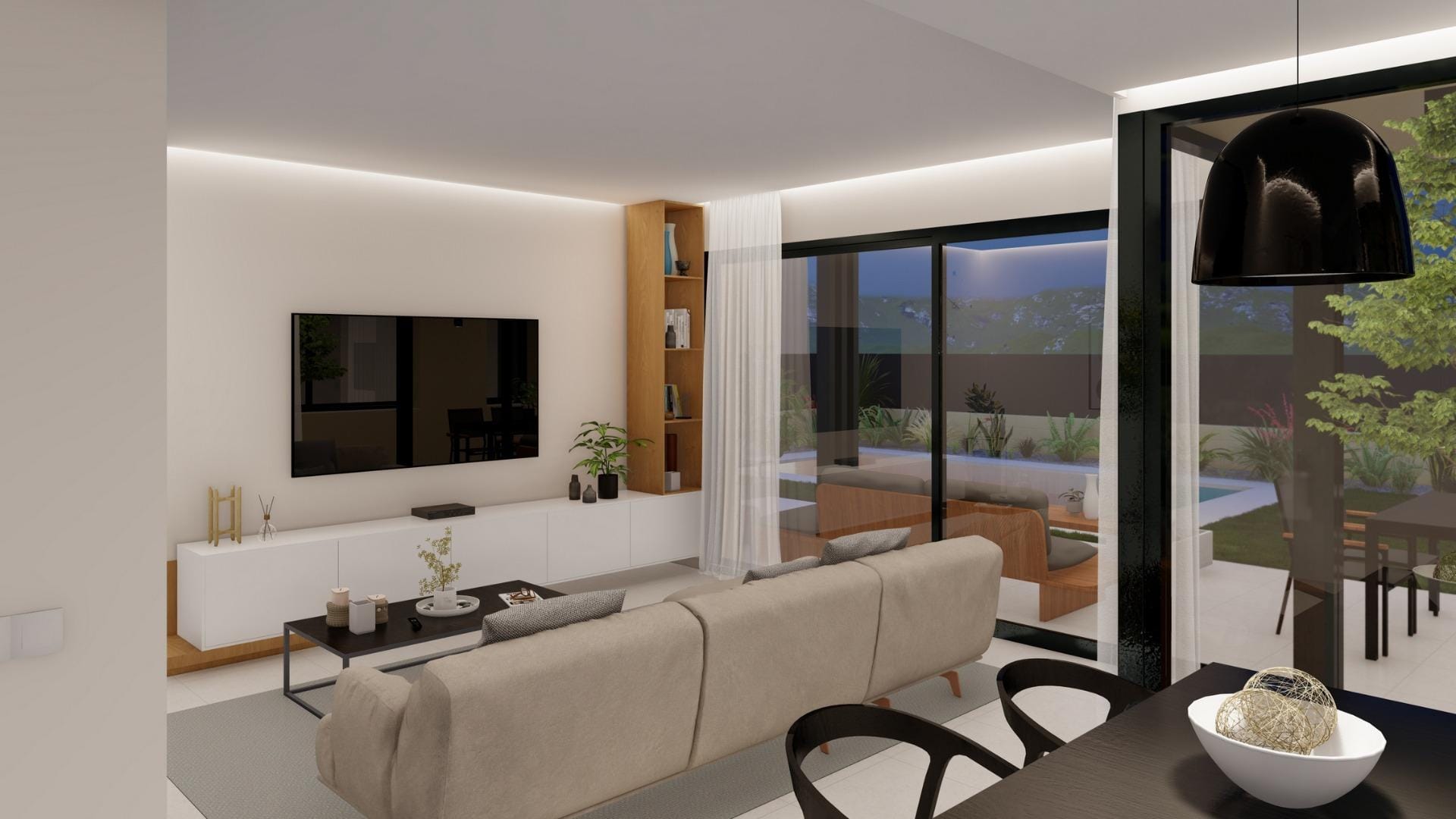 Modern living room with sofa and TV opening to terrace and private pool in single-storey villa at Altaona Golf Resort