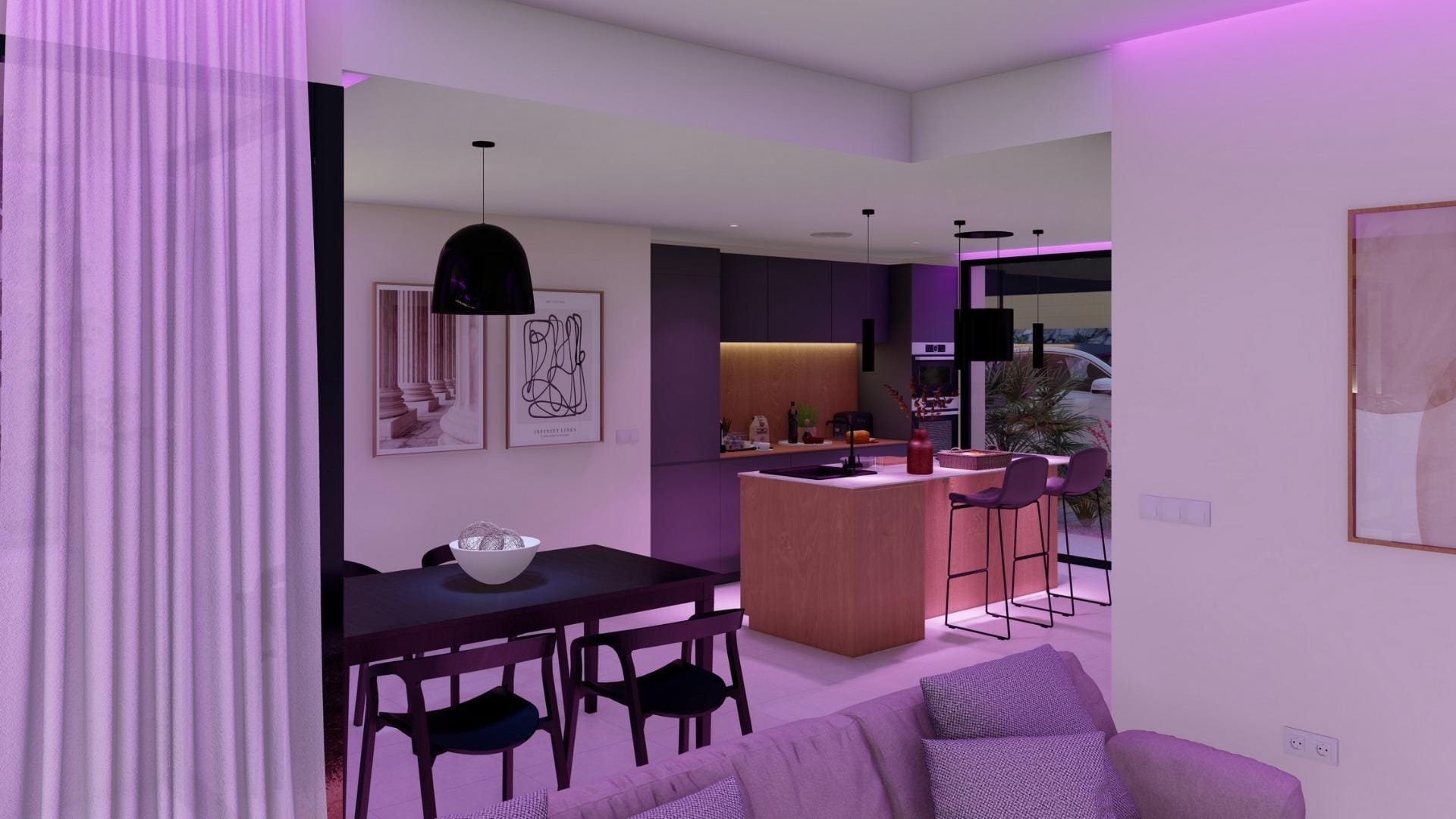 Open-plan living and kitchen area with modern furniture in a single-storey new build villa in Altaona Golf Resort.