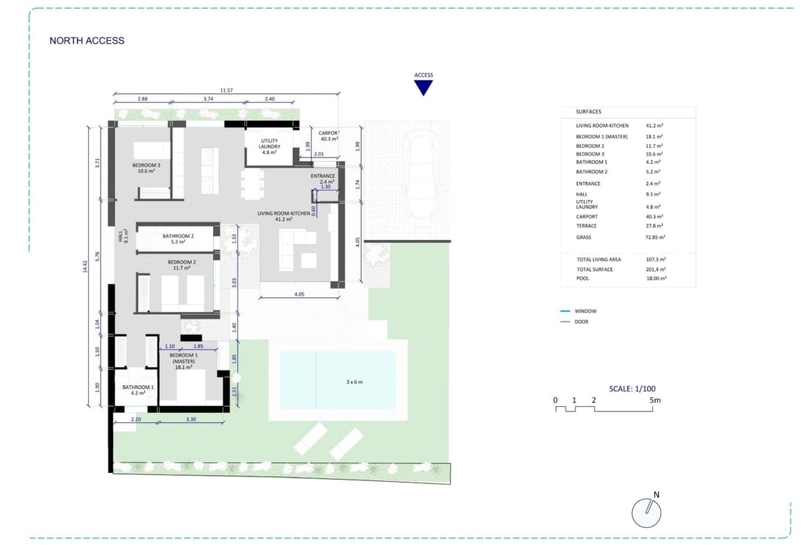 Floor plan of new build villa featuring three bedrooms, two bathrooms, living area, and private pool in Altaona Golf Resort Murcia