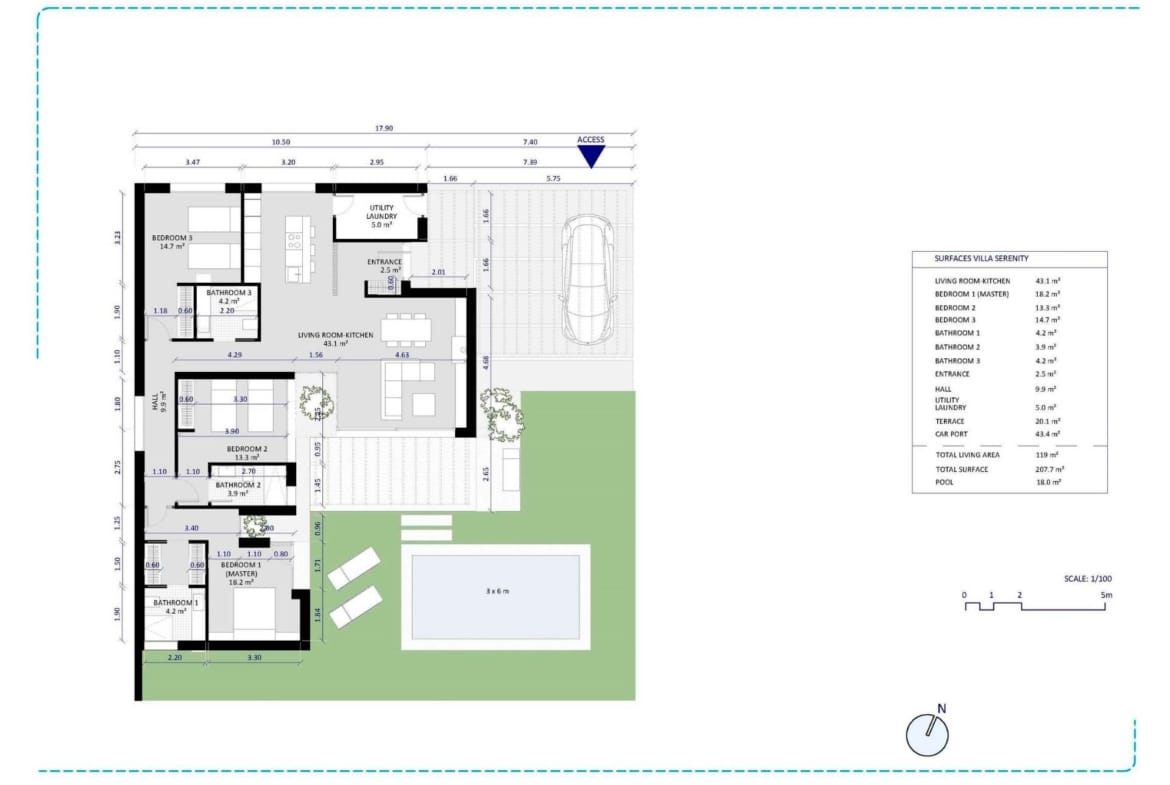 Single-storey villa floor plan with three bedrooms, living area, kitchen, terrace, and private pool in Altaona Golf Resort.