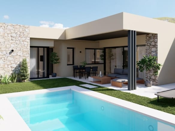 Single-storey villa with private pool and outdoor seating area at Altaona Golf Resort showing modern exterior and garden.
