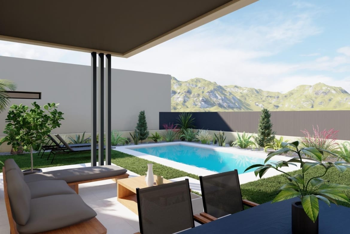 Covered terrace with seating and dining area overlooking the private pool and garden of the new build villa in Altaona Golf Resort, Murcia.