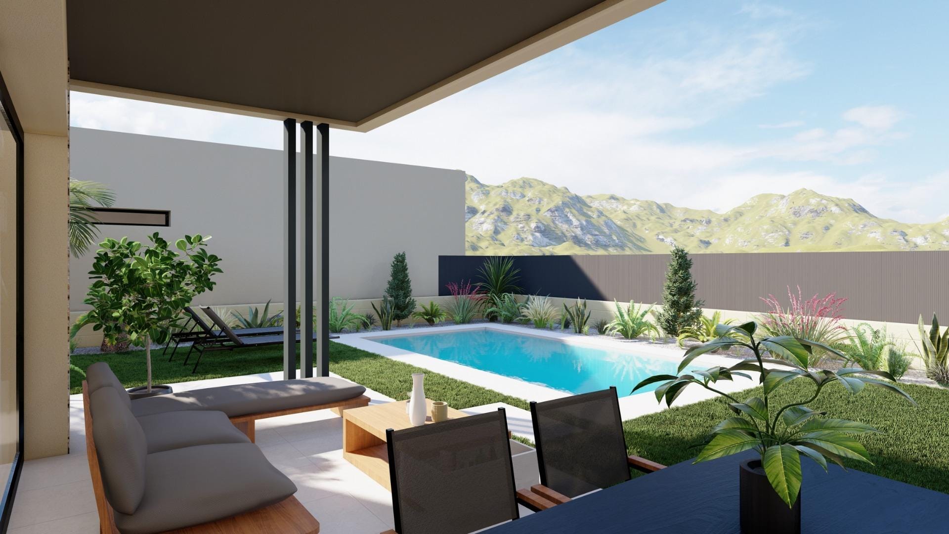 Covered terrace with seating and dining area overlooking the private pool and garden of the new build villa in Altaona Golf Resort, Murcia.