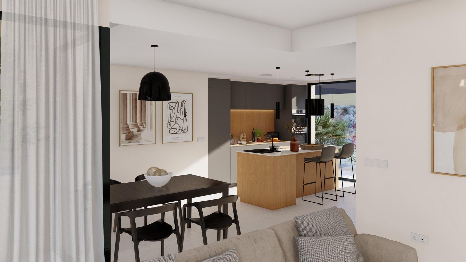 Modern open-plan kitchen and dining area in elegant new build villa at Altaona Golf Resort, Murcia.