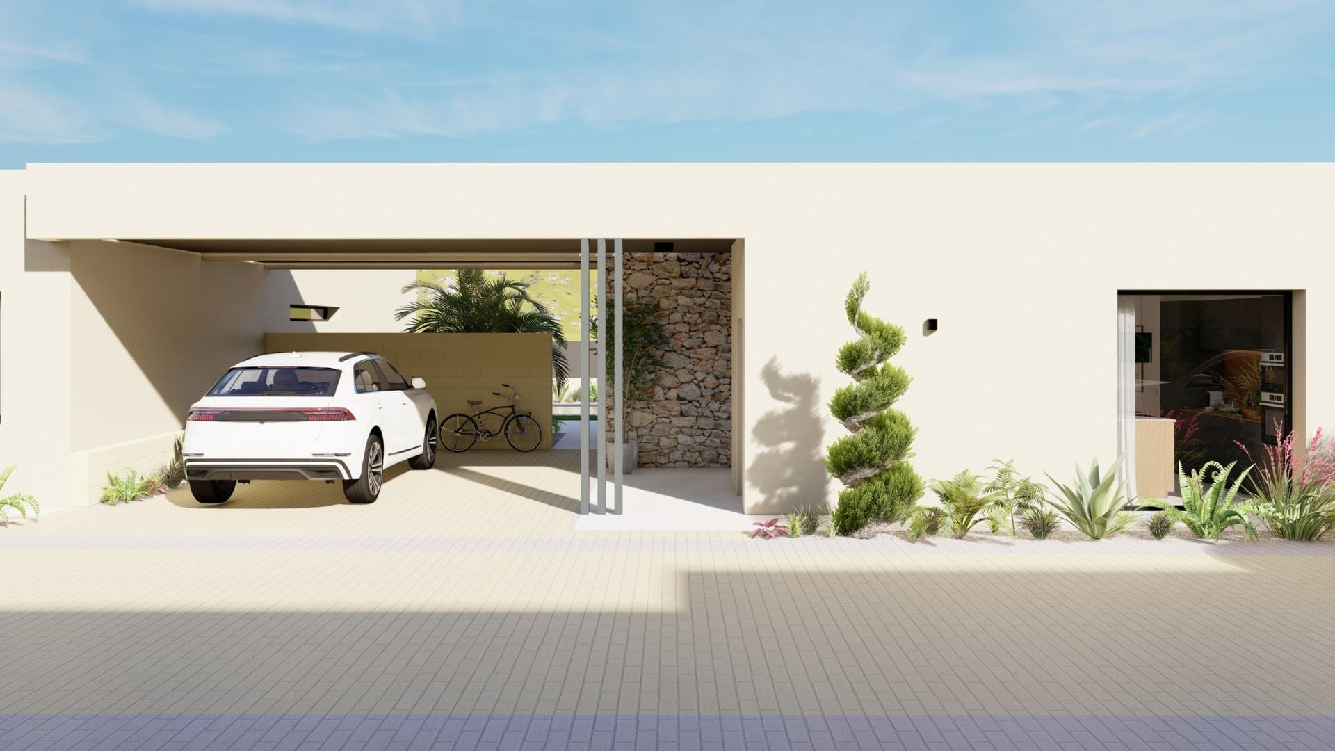 Single-storey villa exterior in Altaona Golf Resort with covered parking and minimalist landscaping.