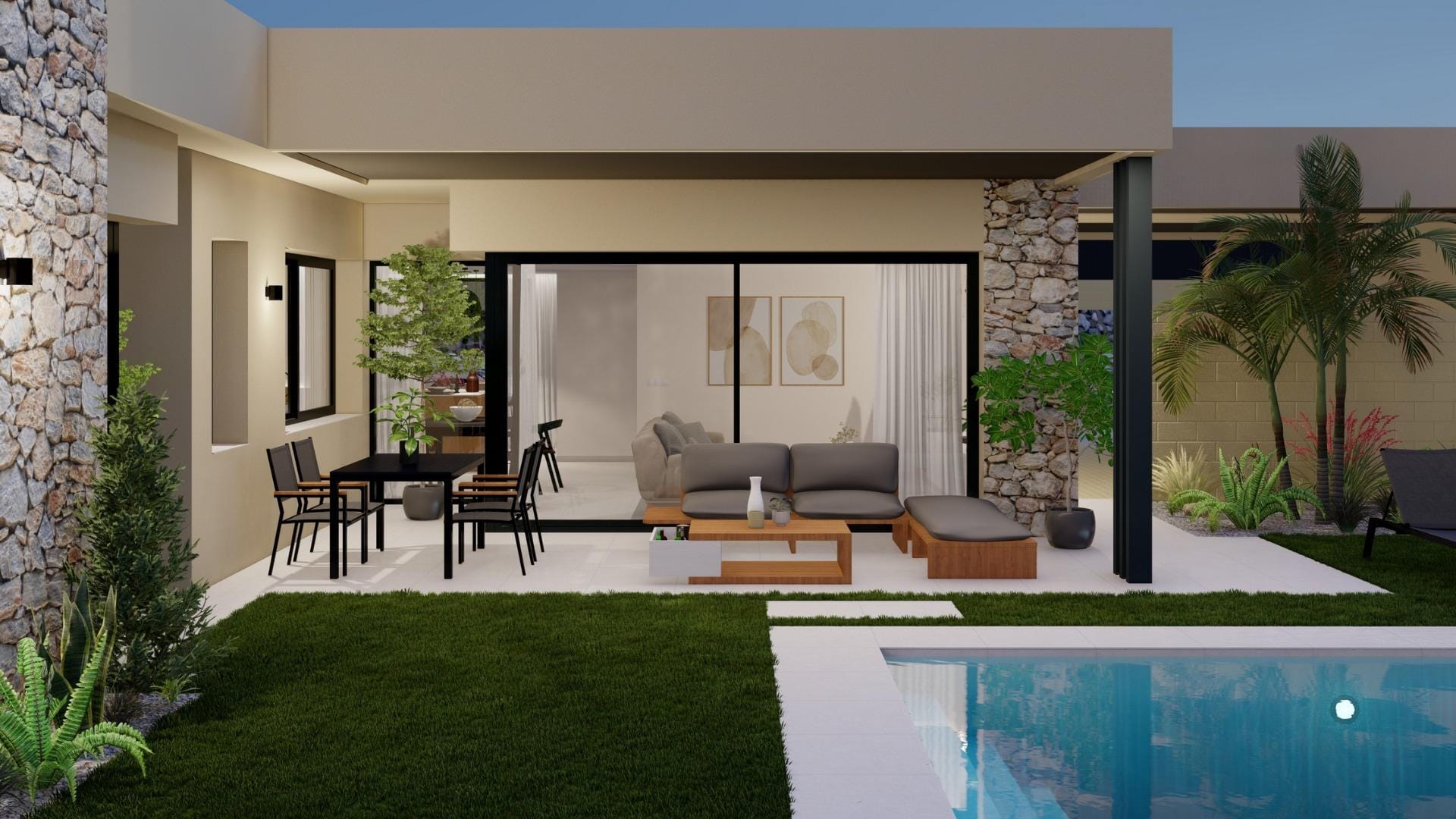 Modern single-storey villa exterior with outdoor seating area and private pool in Altaona Golf Resort