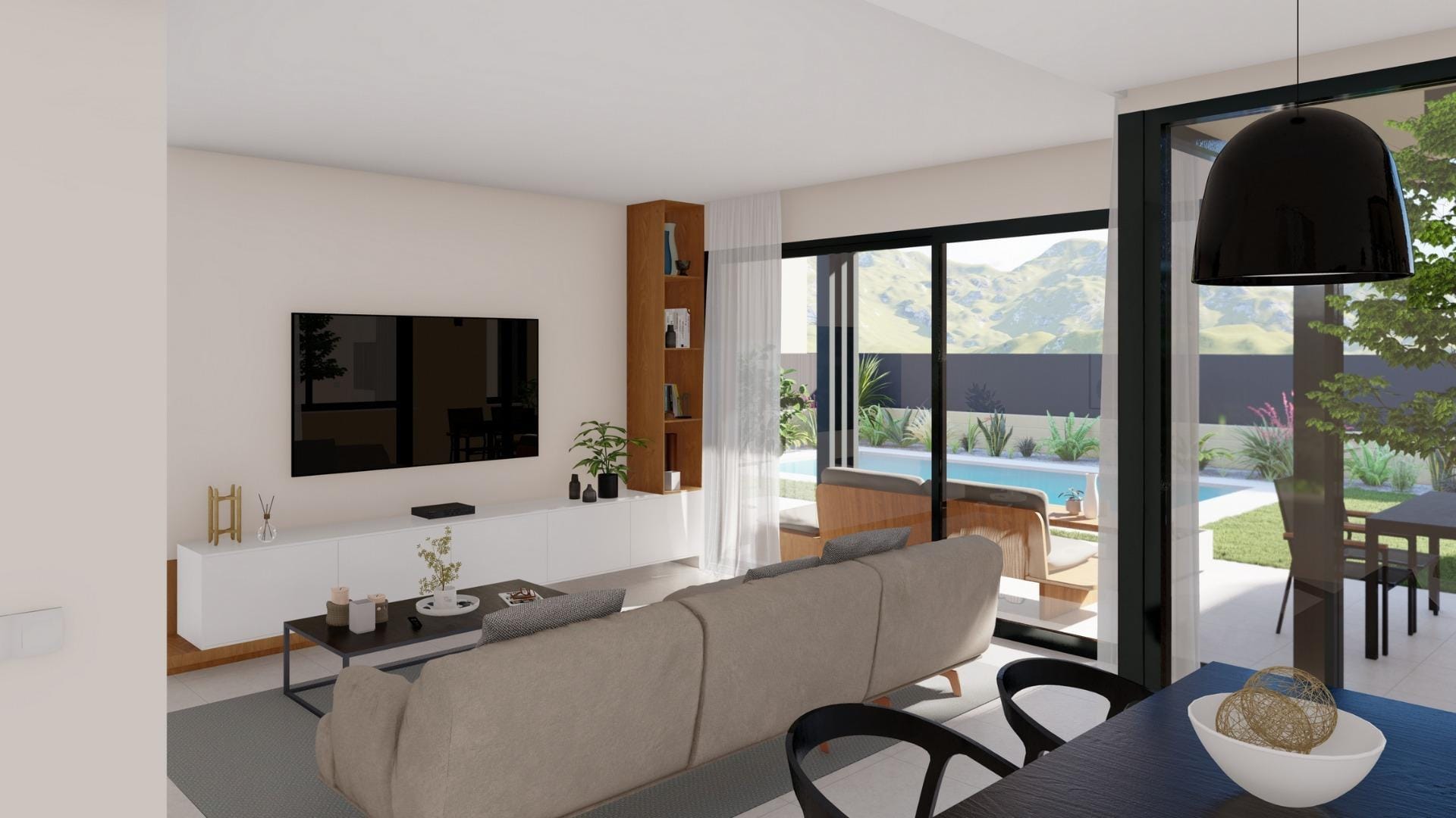 Living room with modern sofa and TV, open to terrace and pool in single-storey villa at Altaona Golf Resort.