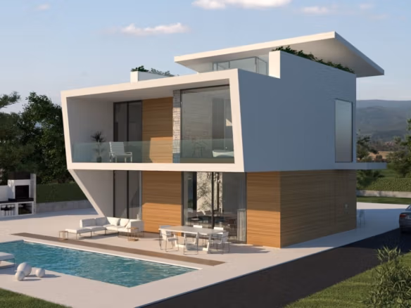 Modern 4-bedroom luxury villa exterior with pool, outdoor seating, and mountain views in Campoamor near the beach.