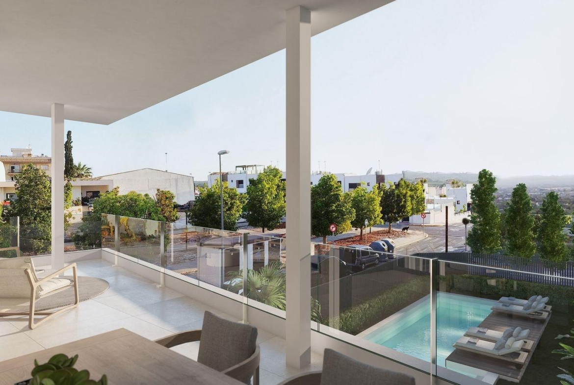 Spacious terrace with seating and pool view at new build 2 bedroom penthouse in Benijofar
