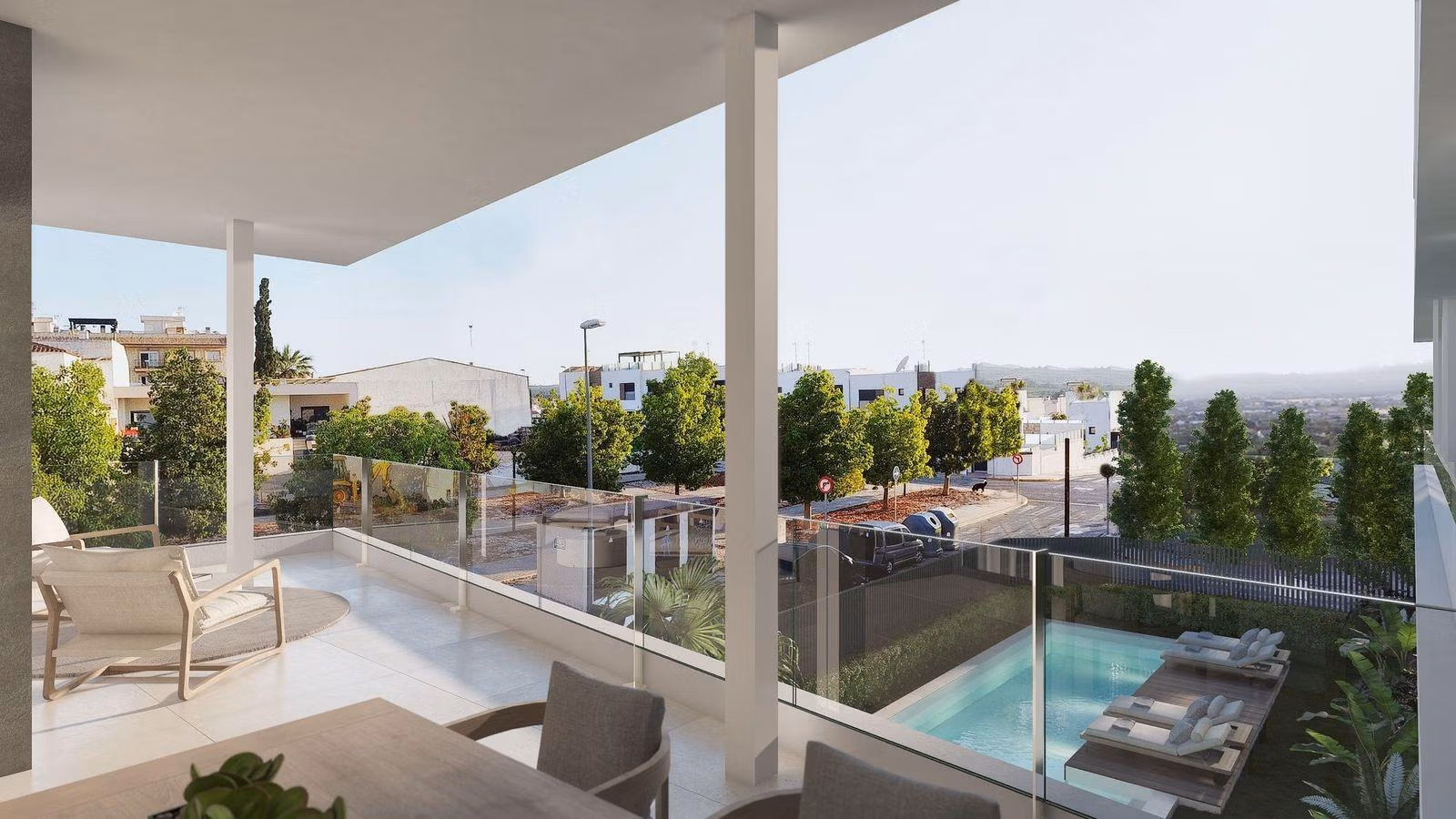 Covered terrace overlooking communal pool and surrounding Benijofar neighborhood for ground floor apartment.