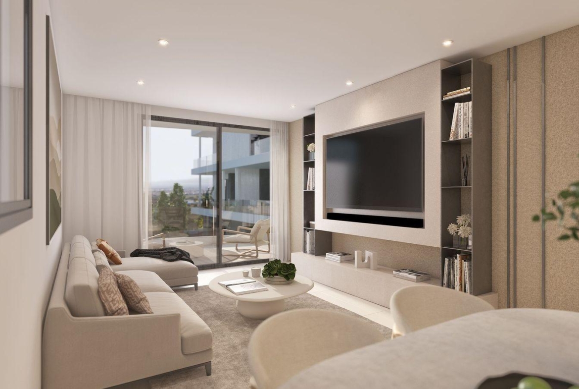 Bright living room with modern furnishings and balcony in a 3-bedroom Benijofar apartment near communal pool