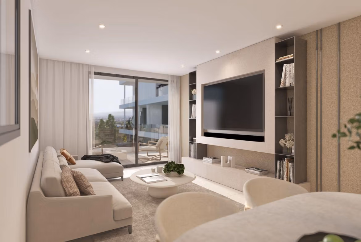 Bright living room with modern furnishings and balcony in a 3-bedroom Benijofar apartment near communal pool