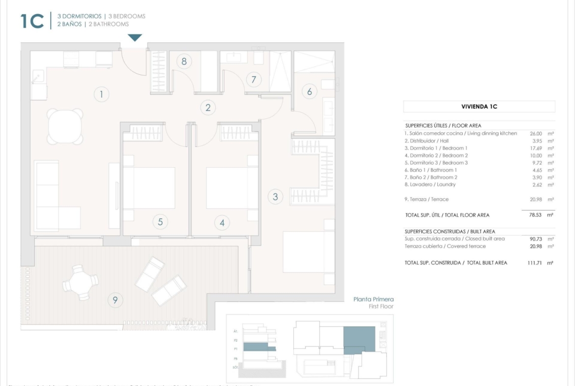 Floor plan of a modern 3-bedroom apartment with terrace in Benijofar, showing room layouts and dimensions.
