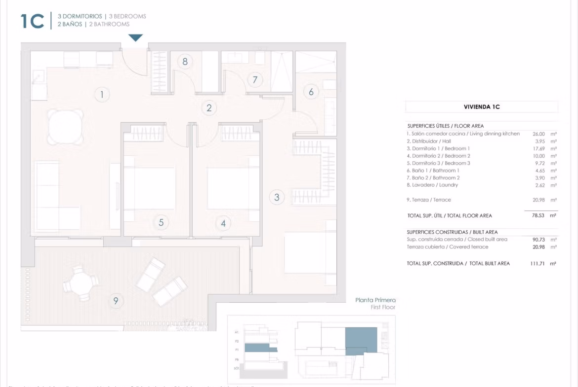 Floor plan of a modern 3-bedroom apartment with terrace in Benijofar, showing room layouts and dimensions.
