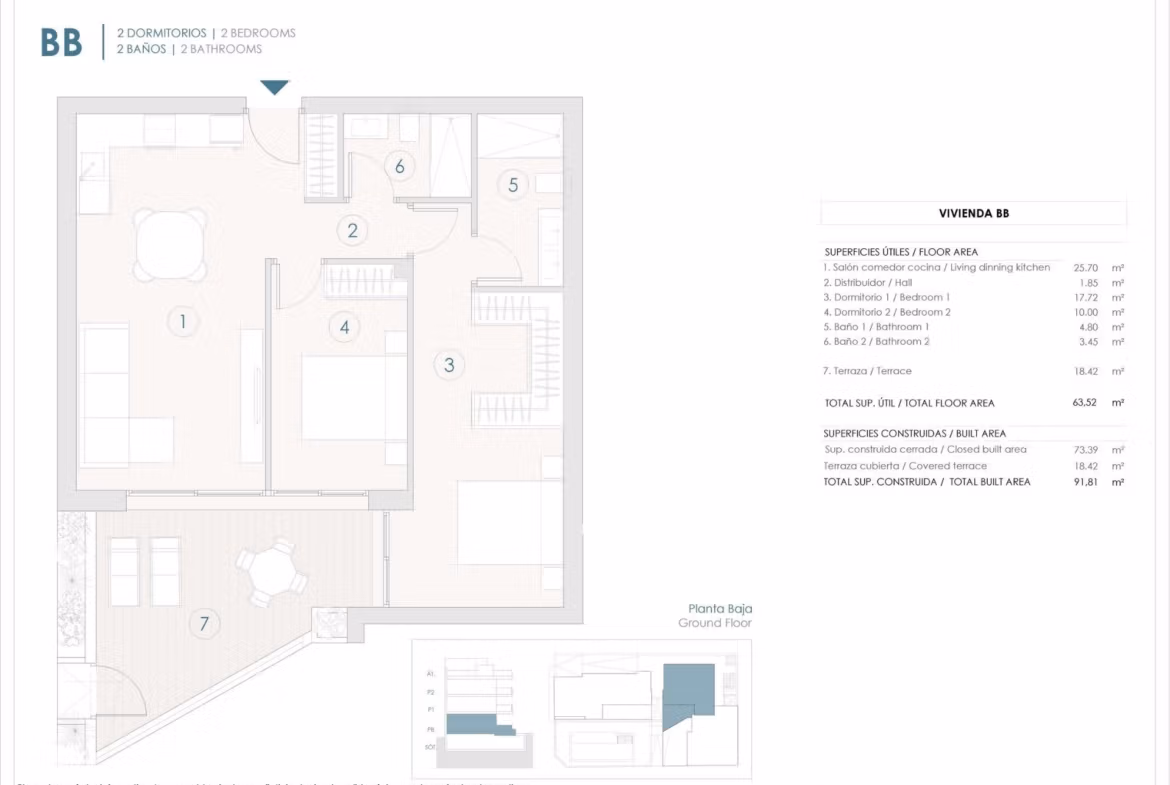 Floor plan of a ground floor apartment in Benijofar showing 2 bedrooms, 2 bathrooms, living area, and terrace.